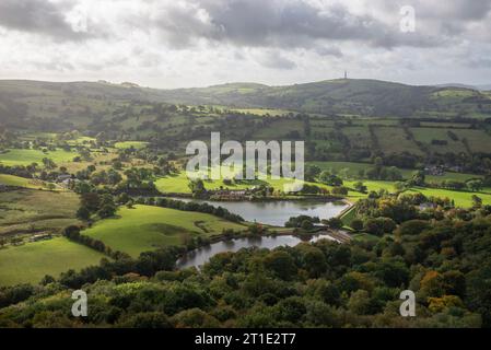 View looking down at Langley from Teggs Nose country park, Macclesfield, Cheshire, England. Sutton Common radio tower in the distance. Stock Photo