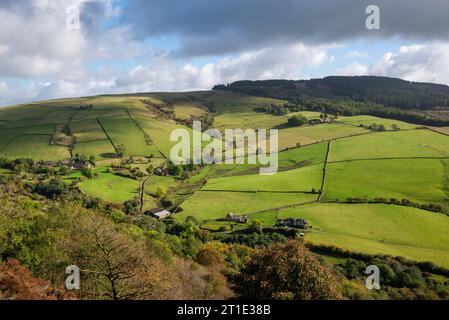 Beautiful countryside in the Cheshire hills near Macclesfield. View from Teggs Nose countryside on a sunny day in late summer. Stock Photo