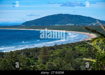 View of Seven Mile Beach from the Sir Charles Kingsford Smith Memorial Lookout, Gerroa, New South Wales, Australia Stock Photo