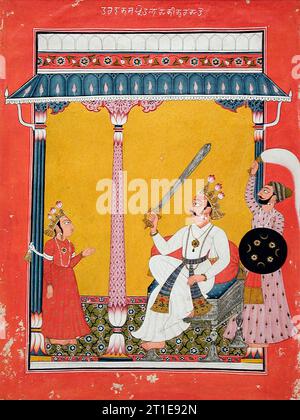 Hiranyakasipu About to Decapitate Prahlada, Folio from a Bhagavata Purana (Ancient Stories of the Lord), c1725. Stock Photo