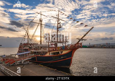 October 7, 2023: Santa Maria, a tour vessel that cruises around Osaka Bay in Osaka, Kansai, Japan, departs from Kaiyukan West Pier and then navigates Stock Photo