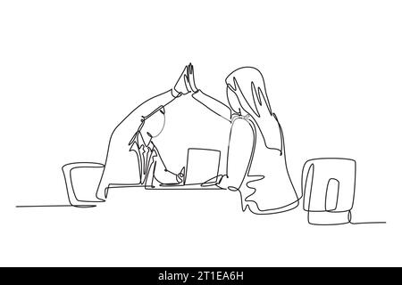 Single continuous line drawing young happy businessman and businesswomen celebrating their successive goal at the business meeting. Business deal conc Stock Photo