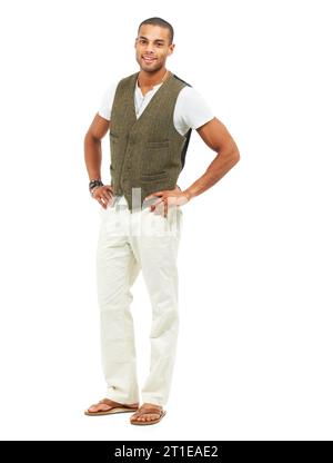 Fashion, man and happy portrait with confident in retro aesthetic, trendy and white background in studio mockup. Handsome model, mexican and smile Stock Photo