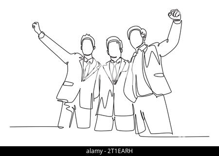 Continuous one line drawing group of young happy entrepreneur shows ...
