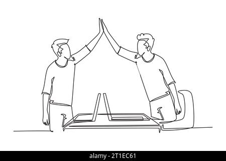 Single continuous line drawing young happy start up founder celebrating their successive goal at the business meeting with high five gesture. Business Stock Photo