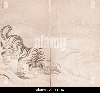 Tiger Drinking from a Raging River (image 1 of 4), c1640. Stock Photo