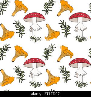 Pattern with poisonous fly agaric mushrooms and edible chanterelles and moss sprigs on white background. Vector illustration Stock Vector