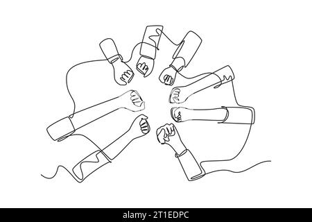 Single one line drawing group of young business people unite their hands together to form a circle shape as a unity symbol. Teamwork concept. Modern c Stock Photo