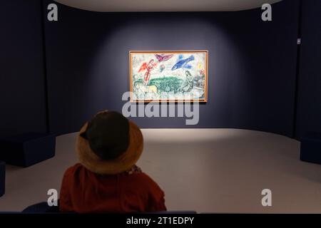 Ceret (south of France): the Modern Art Museum. Woman viewed from behind looking at a painting by Marc Chagall “Les gens du voyage”, 1968, on the occa Stock Photo