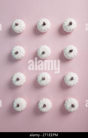 white mini pumpkins aligned symmetrically in rows and columns on a pastel pink background. Minimalist, trendy still life photography. Stock Photo