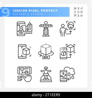 2D pixel perfect black VR, AR and MR icons Stock Vector