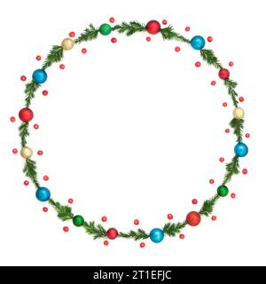 Christmas red gold and blue bauble juniper fir and holly berry winter wreath decoration. Minimal Xmas, Noel, Yule frame design for card, invitation. Stock Photo