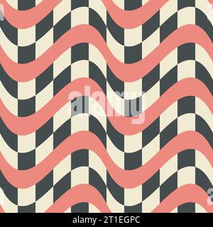 Checkered wave line abstract seamless pattern swatch. Decorative geometrical grid. Black white, red vintage colours palette. Graphical ornamental Stock Vector