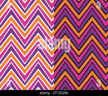 Geometric chevron seamless pattern swatch, 70s hipster style, triangle shape, abstract zigzag doodle stripes, orange lilac purple colour palette Stock Vector