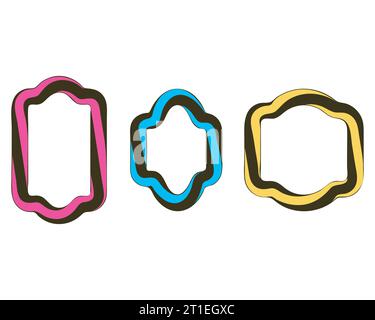 Frames, border Set. Swirl effect illusion, doodle line strokes, bright 80s - 90s colours. Labels of different geometric shapes. Empty frame for text Stock Vector