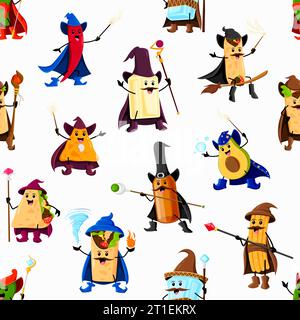 Cartoon Halloween tex mex food wizard characters pattern. Vector tile with red chili pepper, tequila, mezcal and pulque bottles. Burrito, quesadilla, churros or avocado with enchiladas or chimichanga Stock Vector