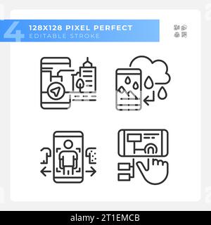 Pixel perfect black VR, AR and MR thin line icons set Stock Vector