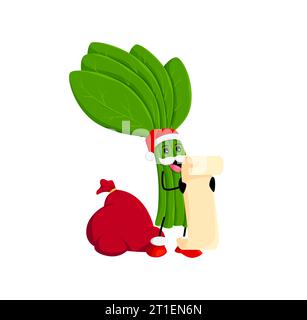 Cartoon spinach vegetable character with gifts bag. Isolated vector Christmas holiday Santa claus green personage reading scroll with the wishes near the sack with presents. Comic Noel or Nicholas Stock Vector