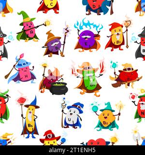 Cartoon vitamin and micronutrient wizard characters seamless pattern. Vector tile background with food supplements capsules mage and sorcerer personages with magical pots, wands and staffs cast spells Stock Vector