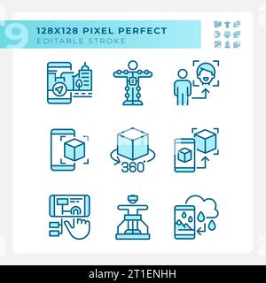 2D pixel perfect blue VR, AR and MR icons Stock Vector