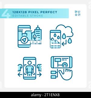 Pixel perfect blue VR, AR and MR thin line icons set Stock Vector