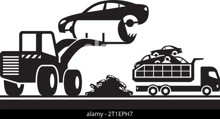 Loader fills truck with cars for scrap metal - vector illustration Stock Vector