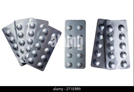 Set of pills isolated on white, Antipyretic tablets in foil blister pack, Stock Photo