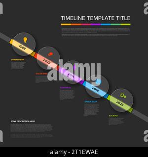 Vector dark color diagonal time line with icons in five semi transparent matt glass circles template  with icons, descriptions and rainbow colorful ar Stock Vector