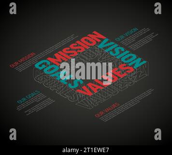 Vector red and teal minimalistic Mission, vision, values and goals diagram schema infographic with sample placed texts on a dark background and simple Stock Vector