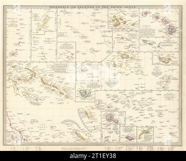 PACIFIC ISLANDS. Polynesia Hawaii Samoa Fiji Tonga Tahiti Cook. SDUK 1844 map Stock Photo