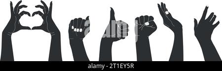 Set of raised human hands silhouettes with different gestures. Isolated on white background. Vector illustration Stock Vector