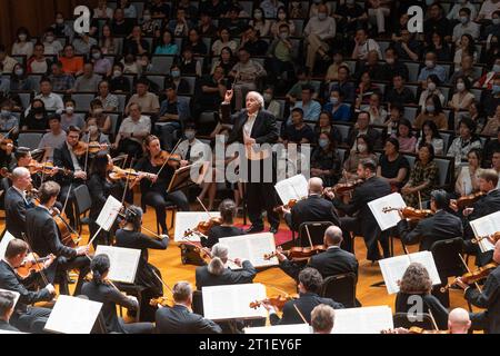 (231013) -- BEIJING, Oct. 13, 2023 (Xinhua) -- Artists from the Vienna Philharmonic perform at the National Center for the Performing Arts in Beijing, capital of China, May 29, 2023.  Austria, the birthplace of music masters such as Wolfgang Amadeus Mozart, Franz Schubert and Franz Haydn, has a music tradition attracting Chinese students who aspire to study music. Many Austrian music masters have gained great recognition in China, with their works incorporated into Chinese curriculum of music education institutions.  The Belt and Road Initiative, introduced by China in 2013, has received posit Stock Photo