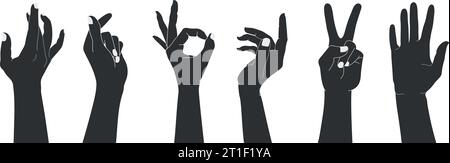 Set of raised human hands silhouettes with different gestures. Isolated vector illustration of human hands Stock Vector