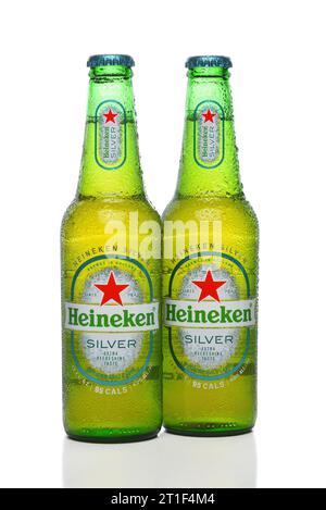 IRVINE, CALIFORNIA - 9 OCT 2023: Two bottles of Heineken Silver 95 Calorie beer on white. Stock Photo