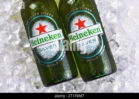 IRVINE, CALIFORNIA - 9 OCT 2023:  Closeup of two bottles of Heineken Silver 95 Calorie beer on ice. Stock Photo