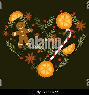 A heart shaped Christmas Design Vector element isolated on white. Flat cartoon illustration made with fir branches, red berries, candy cane, Gingerman Stock Vector