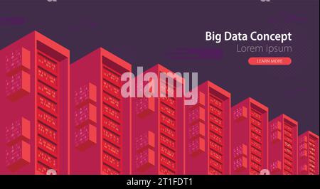 Isometric cartoon technology background. Big data concept. Binary computer code.  Vector illustration. Stock Vector
