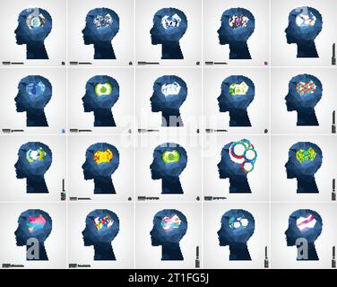 Set of Creative brain concept backgrounds with triangular grid. Artificial Intelligence concept. Vector science illustration Stock Vector