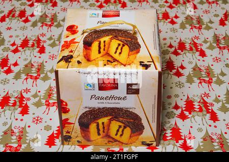 Christmas festive Favorina Panettone Italian fruitcake sweet bread with chocolate on display. Stock Photo