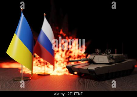 Ukrainian war, small flags of Ukraine and Russia with an explosion in the back and a tank on the right Stock Photo