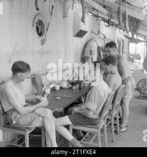 The British Reoccupation of Hong Kong, 1945 Men of the 3rd Commando Brigade pass the time on board Landing Ship Tank LST 304 by playing cribbage. LST 304 sailed as part of the first convoy to Hong Kong following the Japanese surrender. Stock Photo
