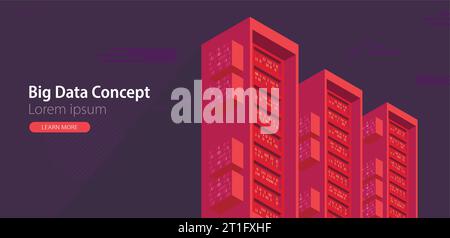 Isometric cartoon technology background. Big data concept. Binary computer code.  Vector illustration. Stock Vector