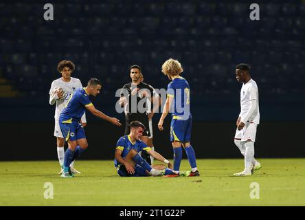 Sarajevo, Bosnia And Herzegovina. 13th Oct, 2023. Filip Cuic of Bih lies injured during the U21 EURO Qualification Group H match between Bosnia and Herzegovina and France at Grbavica Stadium in Sarajevo, Bosnia and Herzegovina, on October 13, 2023. Photo: Armin Durgut/PIXSELL Credit: Pixsell/Alamy Live News Stock Photo