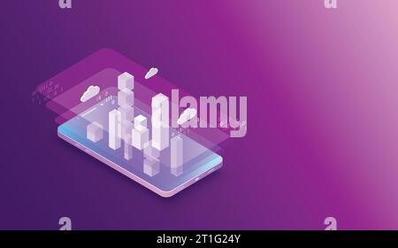 Isometric mobile phone. Вig data flow processing concept, cloud database. Abstract technology background. Vector illustration Stock Vector