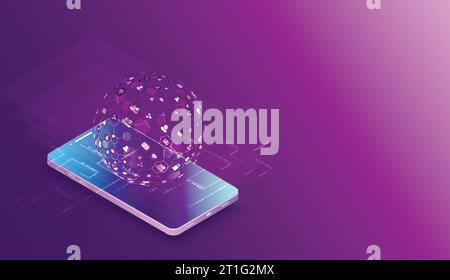 Isometric mobile phone. Вig data flow processing concept, cloud database. Abstract technology background. Vector illustration Stock Vector