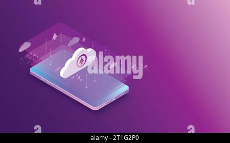 Isometric mobile phone. Вig data flow processing concept, cloud database. Abstract technology background. Vector illustration Stock Vector