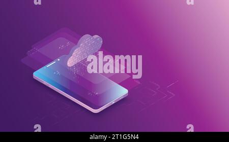 Isometric mobile phone. Вig data flow processing concept, cloud database. Abstract technology background. Vector illustration Stock Vector