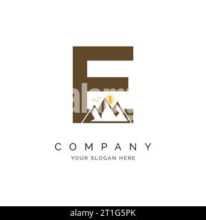 letter E with mountain logo inspiration, alphabet E with mountains, peaks, sun and birds concept design logo vector line pattern Stock Vector