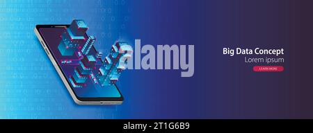 Isometric mobile phone. Вig data flow processing concept, cloud database. Abstract technology background. Vector illustration Stock Vector