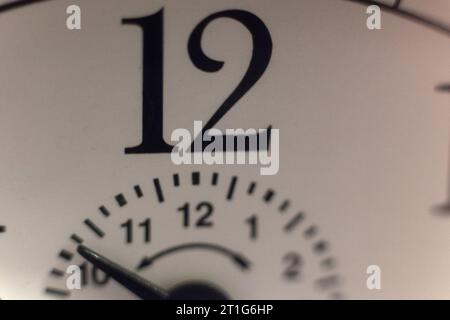 A close up of the white face and dial of a alarm clock Stock Photo